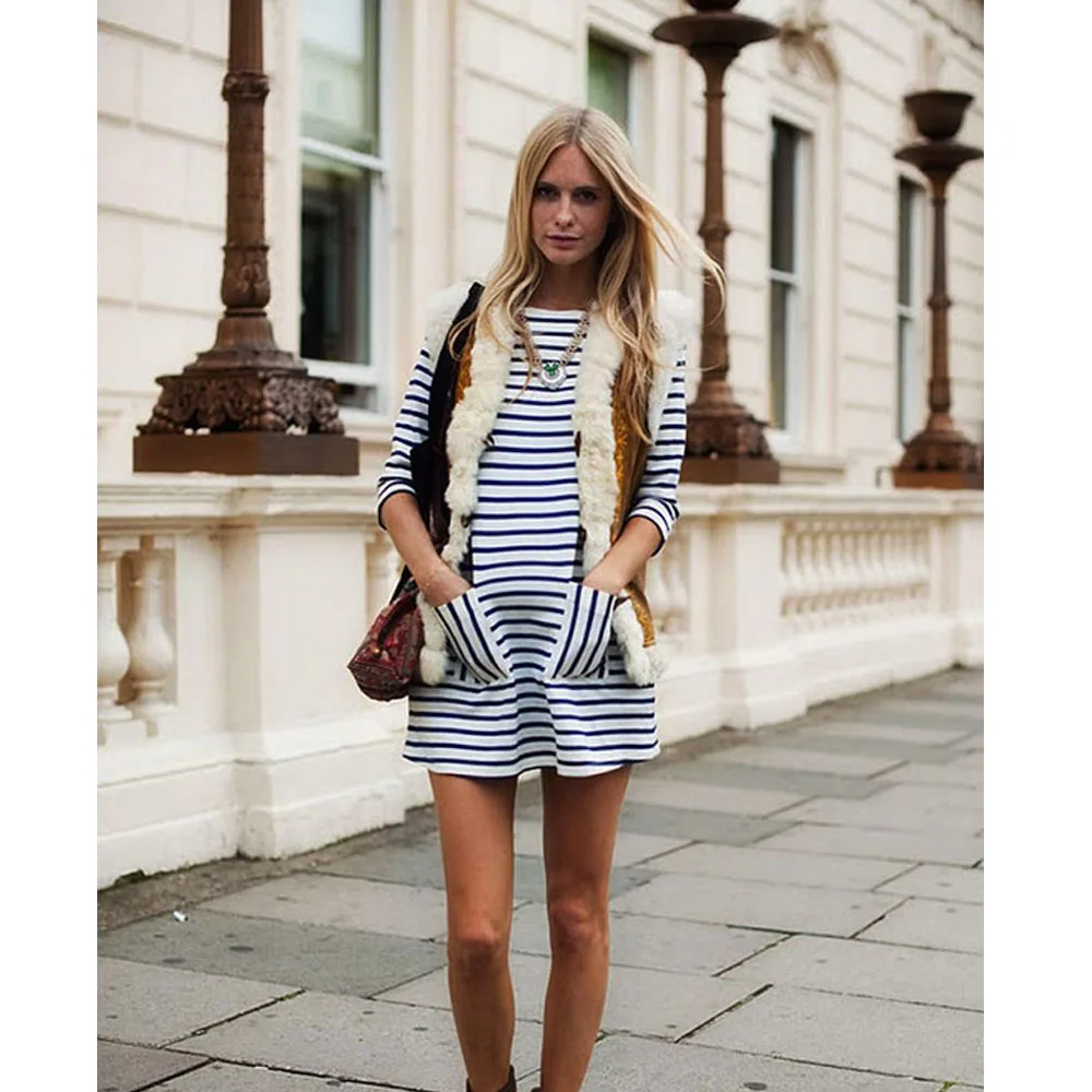 

European And American Summer Fashion Women's Wear Long-Sleeved Black White Striped Casual Loose Dress
