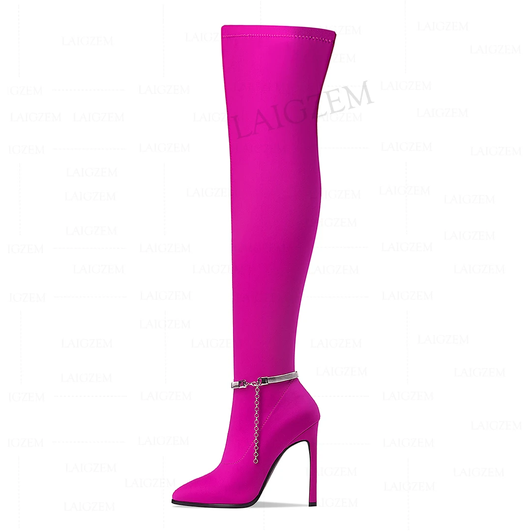 

LAIGZEM Stretchy Women Over Knee Boots 13CM Stiletto High Heels Boots Pointed Toe Pull On Frauen Stiefel Club Big Size 38 41 43