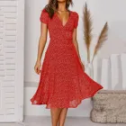 Женское винтажное пляжное платье макси, Красное длинное платье с коротким рукавом, V-образным вырезом и принтом в горошек, лето 2021