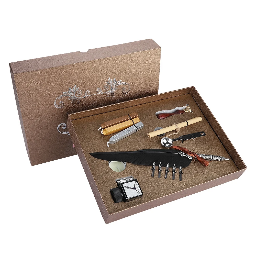 

New Calligraphy Feather Dip with 5 Nib Gift Quill Pen Writing Ink Set Gift Box Wedding Fountain Pen Design
