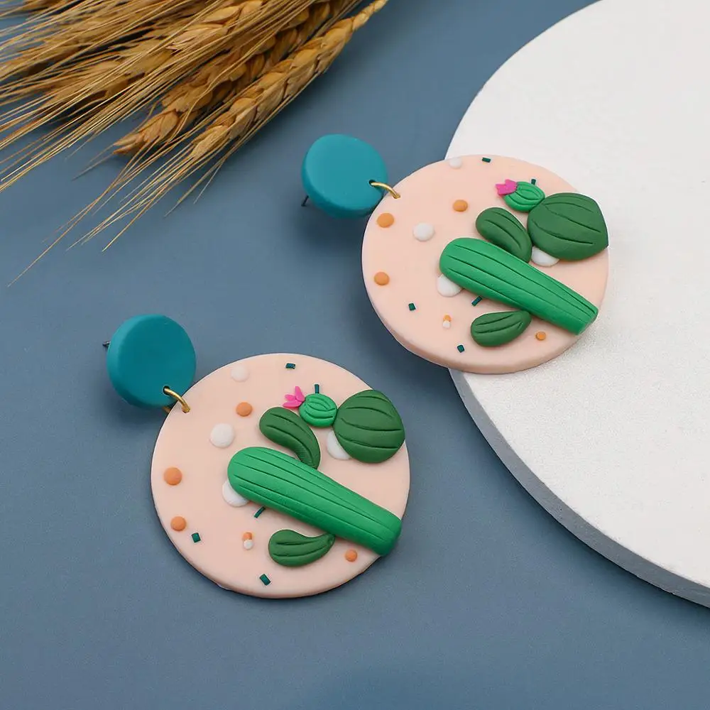 

AMORCOME Cute 3D Polymer Clay Cactus Earrings for Women Geometric Light Pink Round Pendant Earrings Jewelry Boucle Oreille Femme