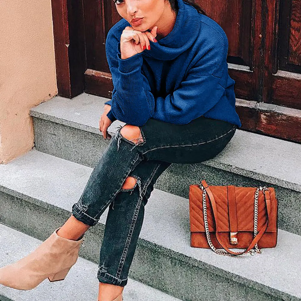 

For 2019 Fashion Droppshiping Women High Collar Sweater Loose Knit Top Long Sleeve Button Decoration Casual Sweater d88