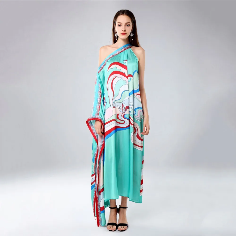 

Summer Designer Party Dress Women's Sexy One -Shoulder Colorful Printed Irregular Kaftan Resort Holiday Maxi Dresses