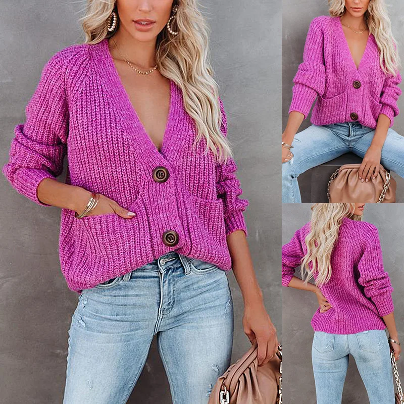 

Women's Fashion Solid Color V-neck Cardigan Single-breasted Long Sleeve Casual Knitted Top Simple Retro Loose Sweater Jacket