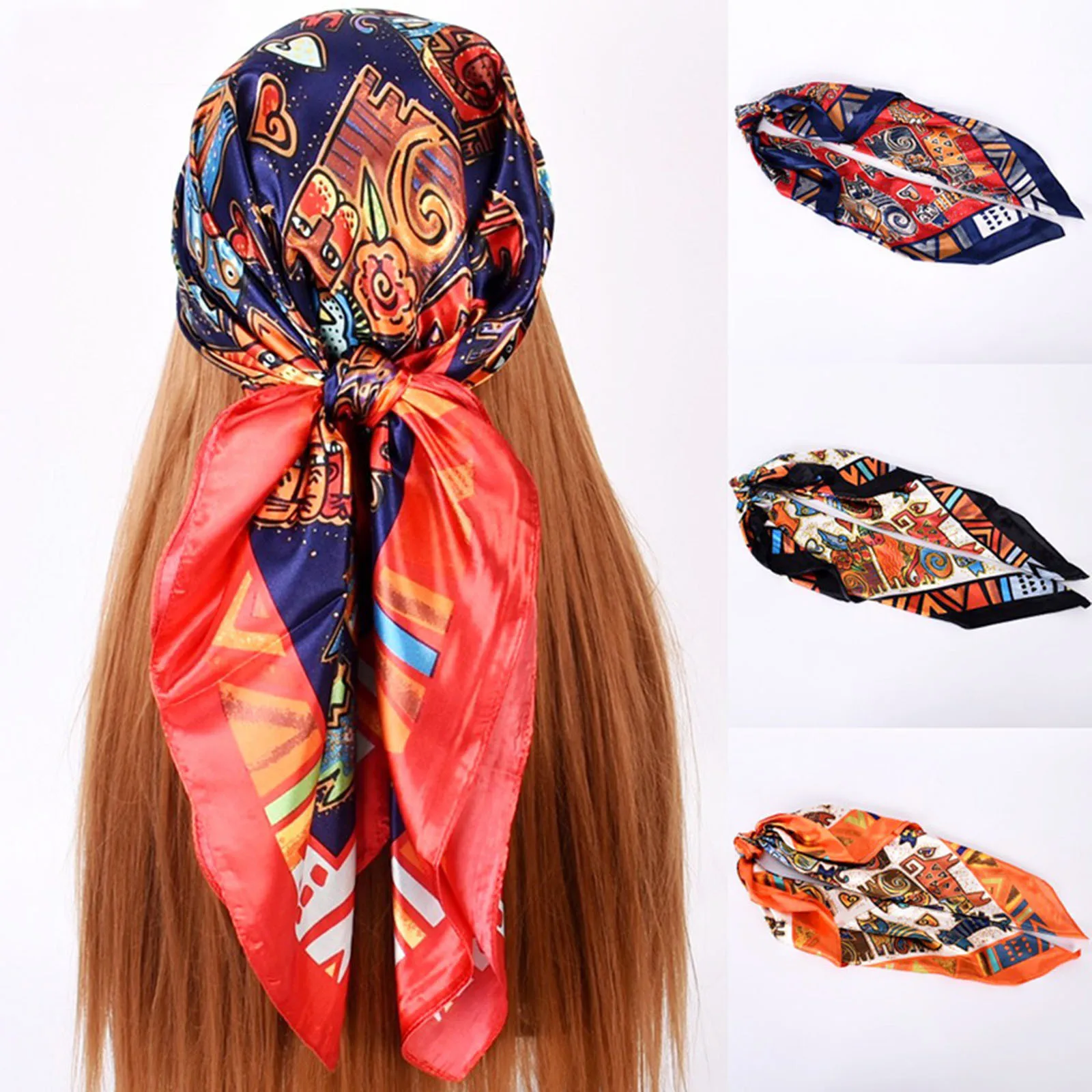 

2021 New Print Fashion Silk Square Scarf For Women 90*90cm Neck Hair Tie Band Bag Warp Soft Neckerchief Hijab Headscarf Female