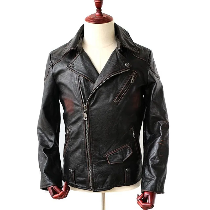 

2020 Vintage Black Men Slim Fit Biker's Jacket Plus Size XXXXL Genuine Cowhide Autumn American Motorcycle Leather Coat