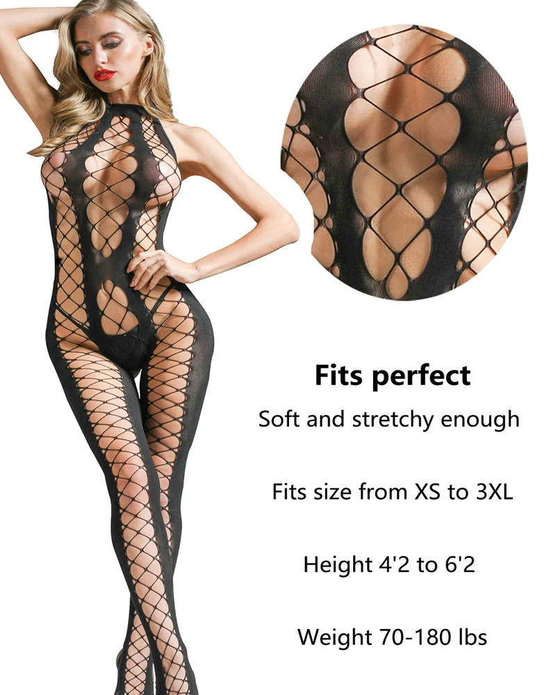 

Sexy Women's Fishnet Bodystocking Tight Halter Whole Body Plus Size Bodysuit Ladies Black Body Stockings Linge