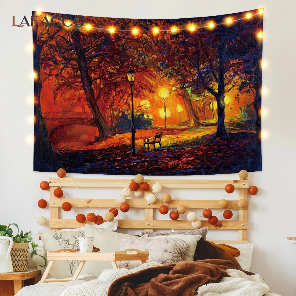 

Laeacco Autumn Forests Landscape Tapestry Oil Painting Printed Blanket Wall Hangings Bedroom Living Room Home Decor Polyester