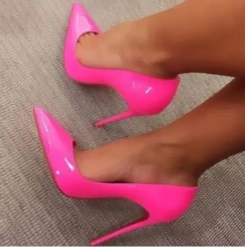 

Spring Newest Rose Red Patent Leather High Heels Girls Pointed Toe Sexy Pumps Big Size 43 Thin Heels Woman Shoe