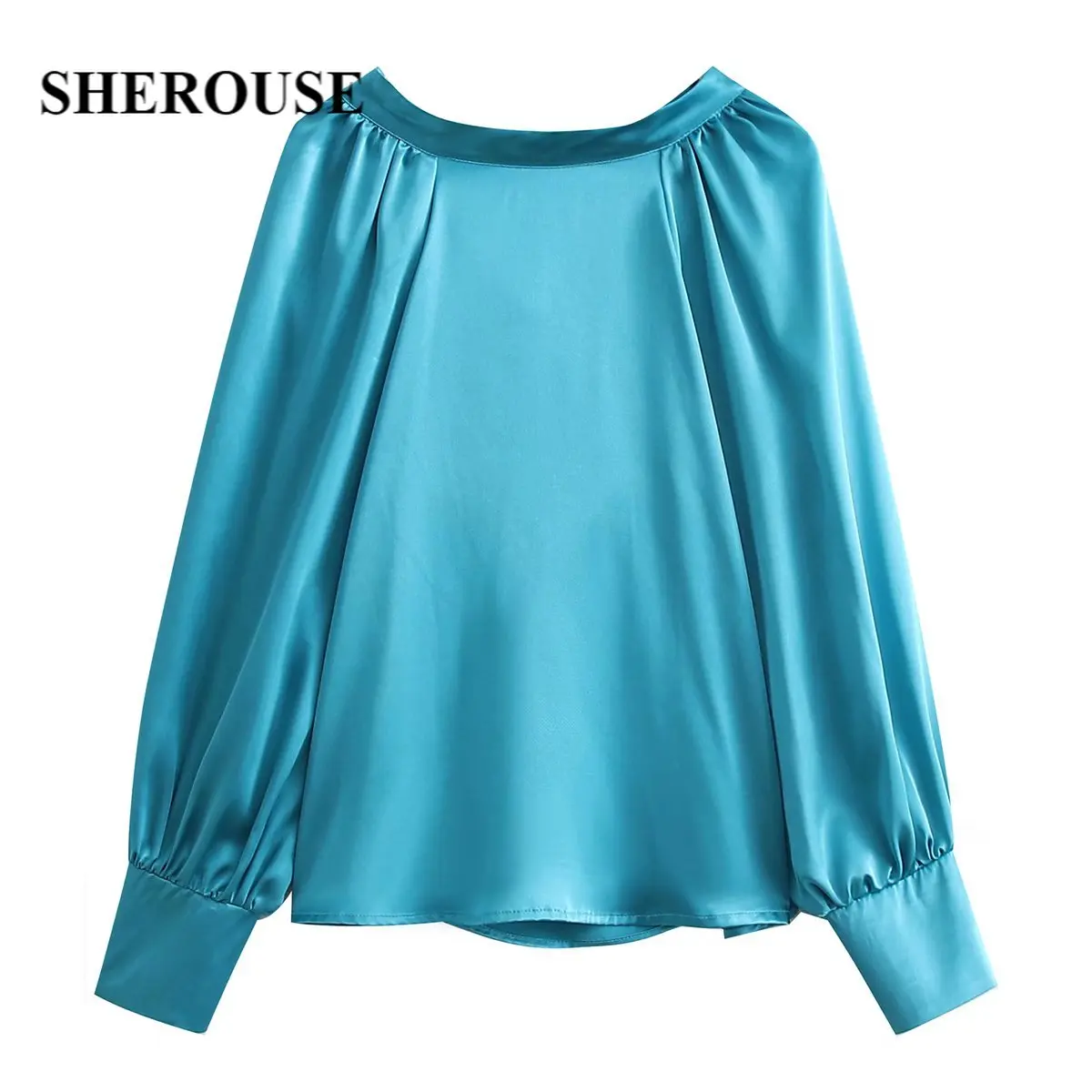 

Sherouse Women Fashion Lake Blue Satin Blouse Round Neckline with Bow Knot Long Cuffed Sleeves Chic Lady Woman Casual Top