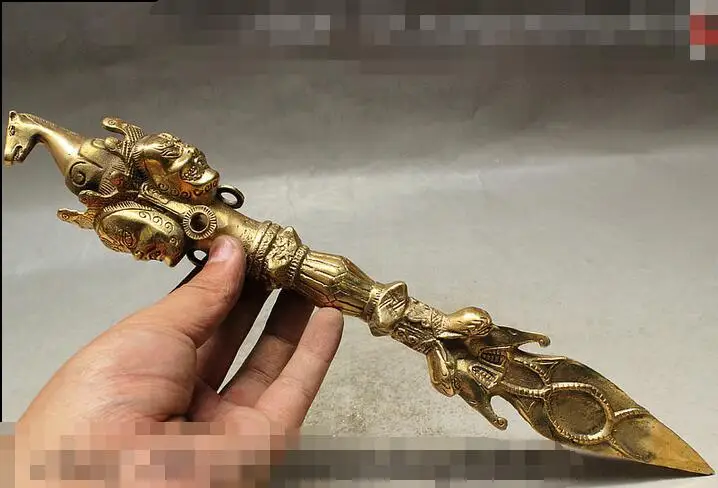 Большой 14 &quot35 см Тибетский Буддизм 3 Махакала Будда Глава Пурба Кинжал держатель