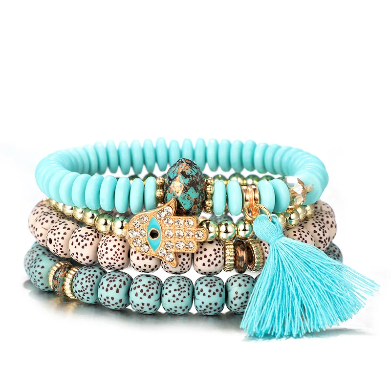 KMVEXO 4PCS/Set Bohemian Turkish Palm Eyes Bracelets For Men Woman Fashion Wristband Resin Stone Tassel Bracelet Vintage Jewelry | Украшения