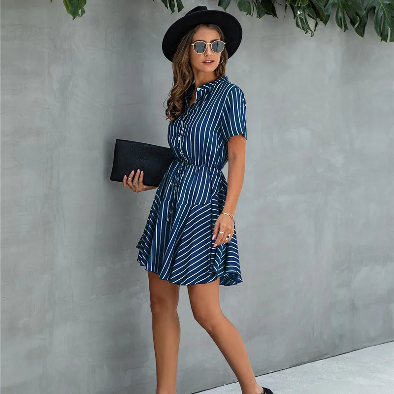 

New Arrival Vintage Fashion Women Striped Dress 2020 Casual Elegant Single Breasted Mini Dress