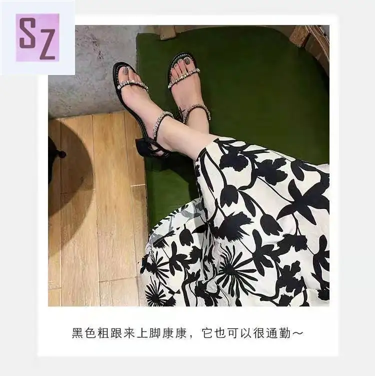 

2021 summer new fairy feng rhinestone mid-heel thick heel strap flat sandals women platform sandals womens shoes
