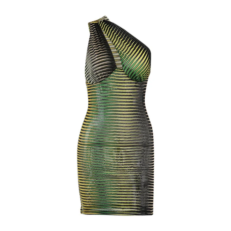 

One Shoulder Asymmetric Hollow Out Mesh Ruched Mini Dresses Stripe Backless Sexy Party Club Girls Bodycon Dresses 2021 Summer