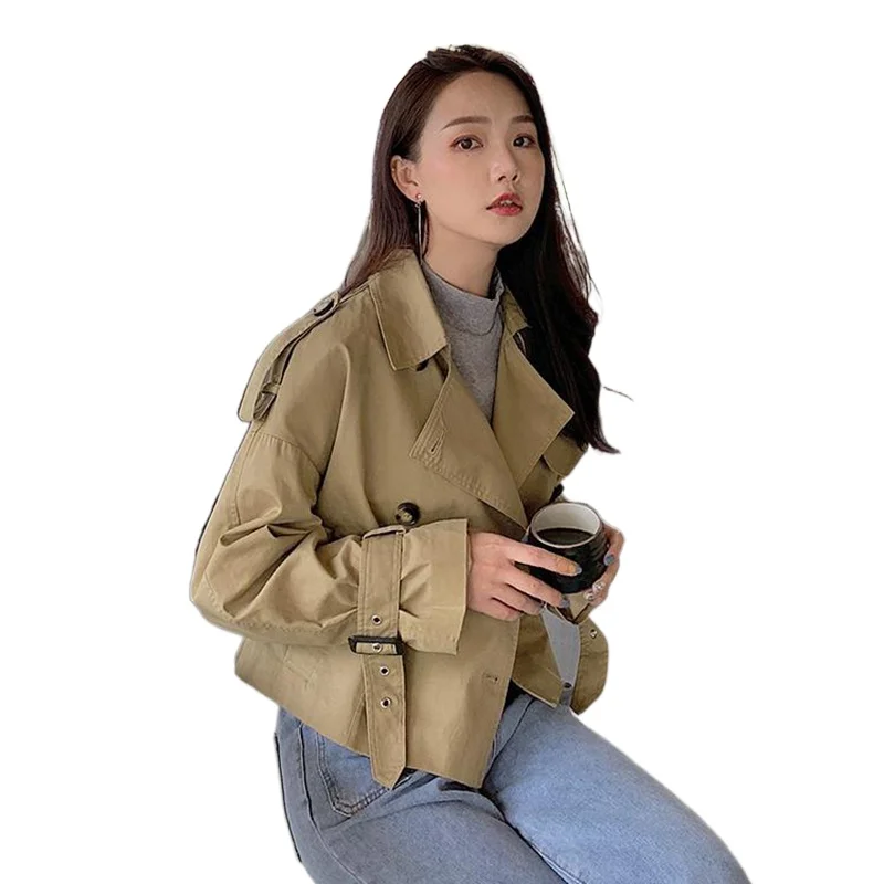 

Pure Color Lapel Women's Windbreaker Spring and Autumn Double-breasted Long-sleeved Loose Casual Commuter Short Coat 2021 T37