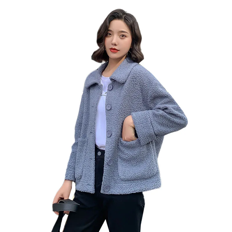 

Faux Lamb Wool Coat Turn Down Collar Pocket Winter Clothes Blends Women Jacket Coats Plush Warm Wool Jackets Office High Quality