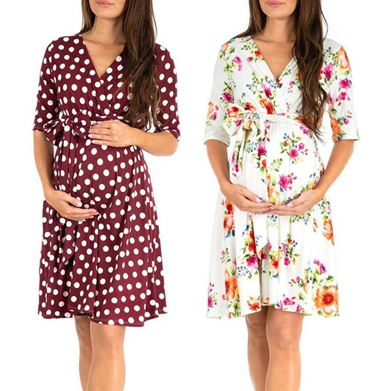 Maternity Women's Bohemian Printed Wrap Bodice Short Sleeve Pregnancy Dress Faux Wrap Elegant Dresses with Adjustable Belt