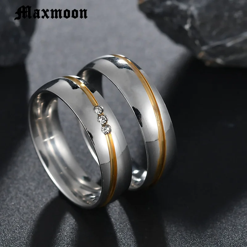 Maxmoon 2019 New Gold color Stainless Steel Wedding Bands Shiny Crystal Ring for Female Male Jewelry 6mm Engagement | Украшения и