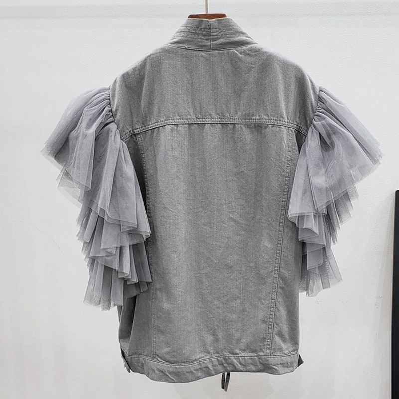 

CHICEVER Gray Patchwork Mesh Coats For Women V Neck Short Sleeve Patchwork Lace Up Denim Jacket Female New Clothing 2021 Summer