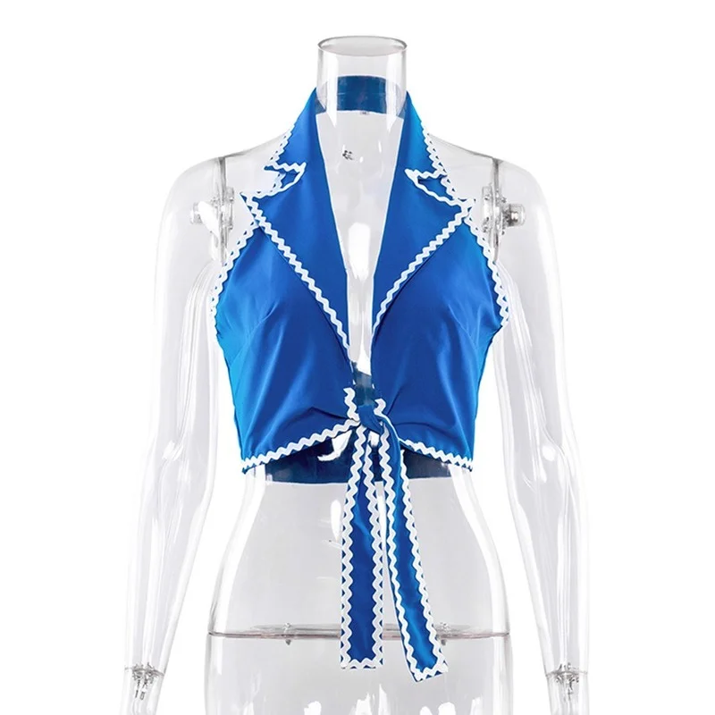 

2021 Halter Tank Women's Clothes Summer New Deep V-neck Sexy Backless Sleeveless Tops Casual Wave Line Decoration Lace Cardigan