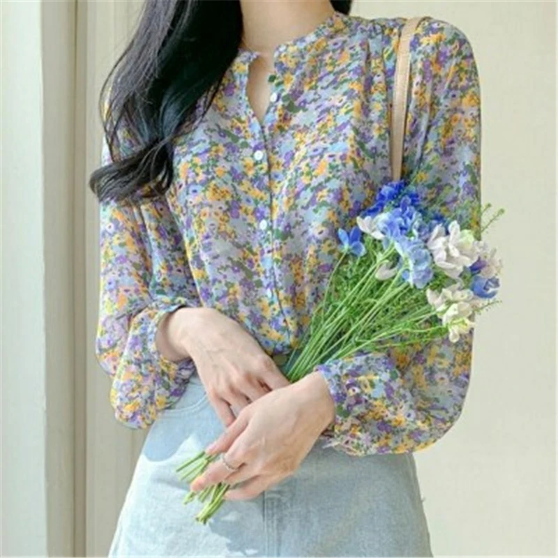 

Women Top Blouses Chiffon Shirts Long Sleeve floral female treetwear Blouse Vintage Lace Up Polka oversized Casual Tops Elegant