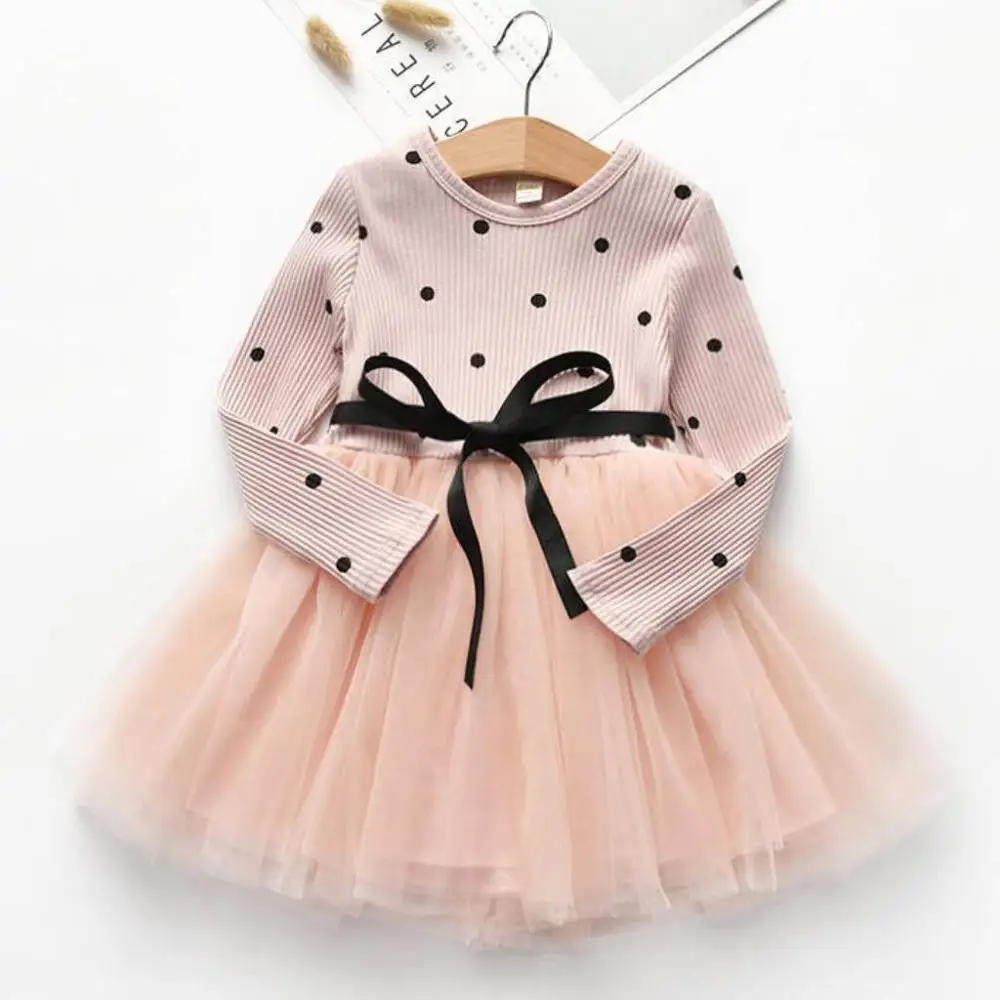 pink Осень-зима; Новинка г.; хлопковая детская одежда; платье на бретелях с длинными рукавами для девочек; Милая одежда в горошек для малышей; платье; Vestidos - Цвет: pink