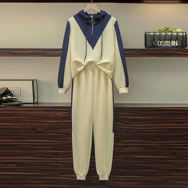 

Large size women sports suit 2021 autumn new loose Zip sweatshirt top and elastic waist casual pants two piece set Oversized big