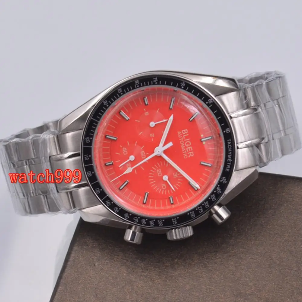 Мужские водонепроницаемые механические часы Bliger красные из нержавеющей стали с