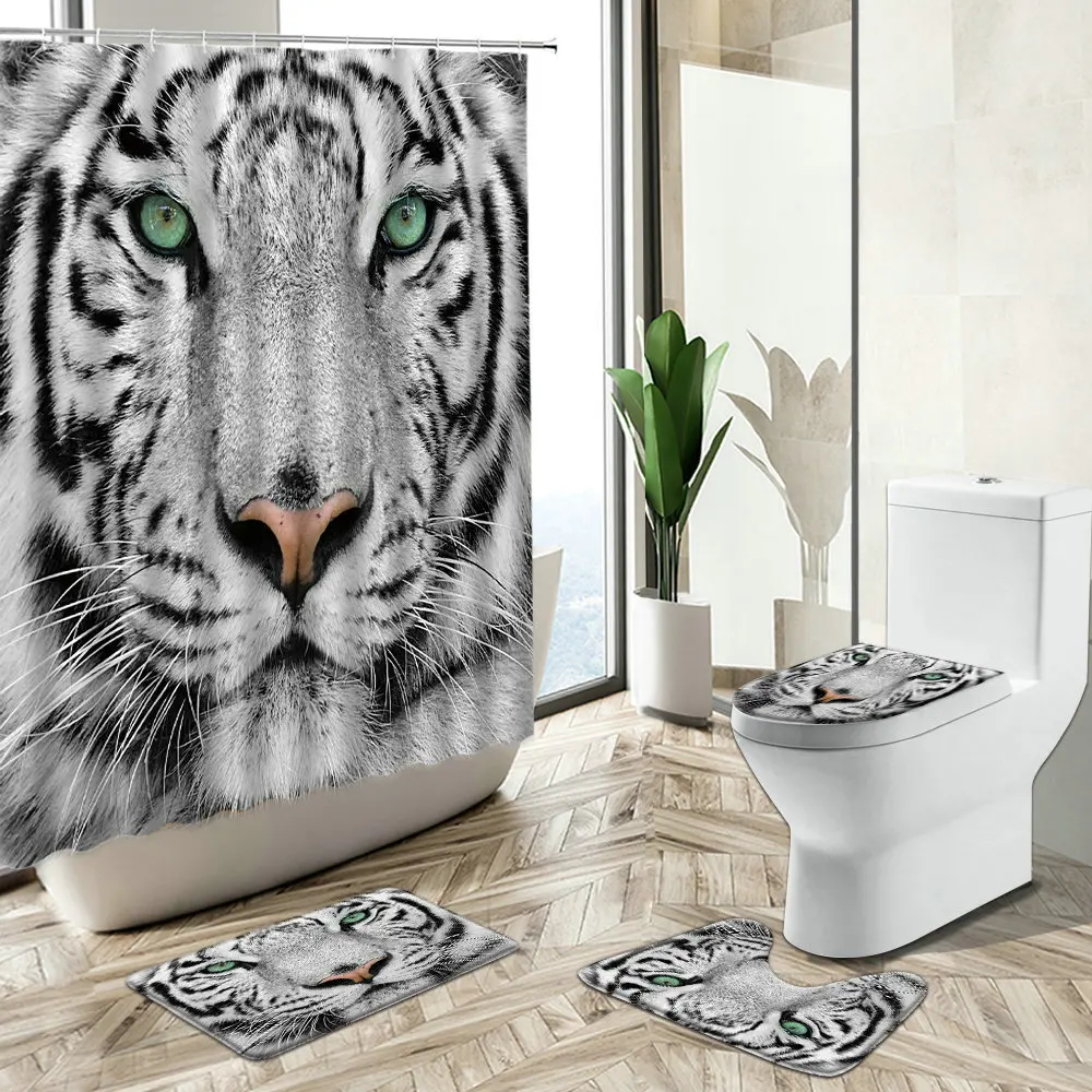 Offerte Tenda Da Doccia Con Stampa Tigre Leone Animale Selvatico Sfondo Nero Design Decorazioni Per Il Bagno Tappeto Antiscivolo Coperchio Per Wc Set Tappetino Da Bagno