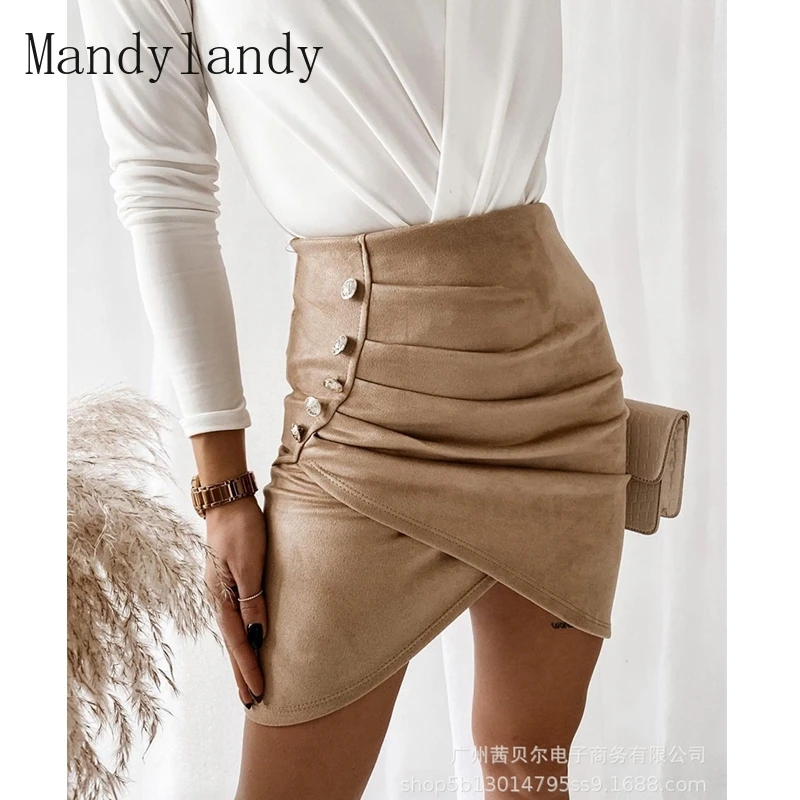 

Mandylandy Skirt Autumn Fashion Solid Color High Waist Irregular Skirt Women's Sexy Single-Breasted Pleated Slim Skirt