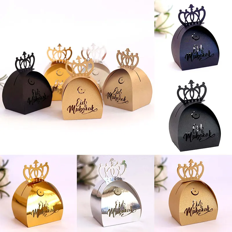 

10PC Eid Mubarak Chocolate Crown Box Mini Laser Wedding Candy Boxes Ramadan Party Supply Hollow Paper Bright Gift Storage Cases