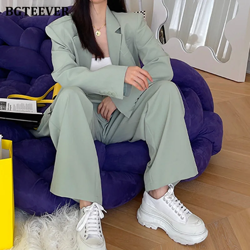 

BGTEEVER Chic Loose Green Women Trouser Suits Long Sleeve Blazer & Wide Leg Pants 2021 Autumn Ladies 2 Pieces Blazer Set