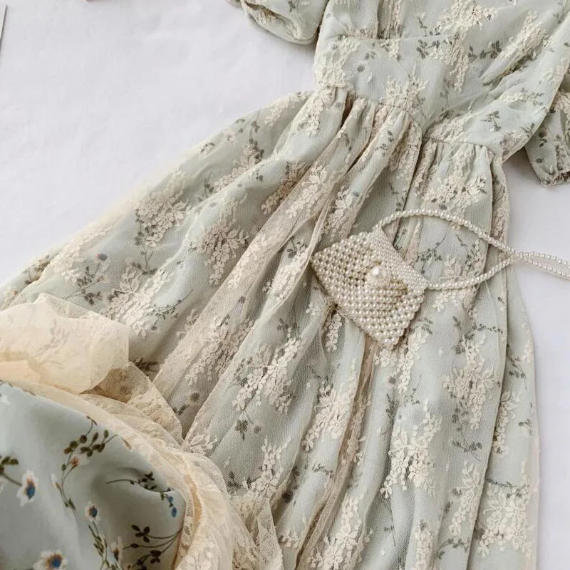 

Women Elegant Dress O-Neck Slim High Waist Sweet Vintage Lace Midi Dress Summer Short Sleeve Floral Party Dress 2021 Fashion