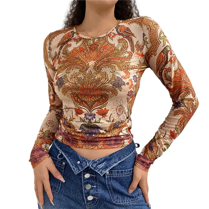 

Hirigin Fairy Grunge Long Sleeves Round Neck Tshirt Y2k Aesthetic Clothes Y2K Printed Rhinestone Women T Shirts Autumn Top