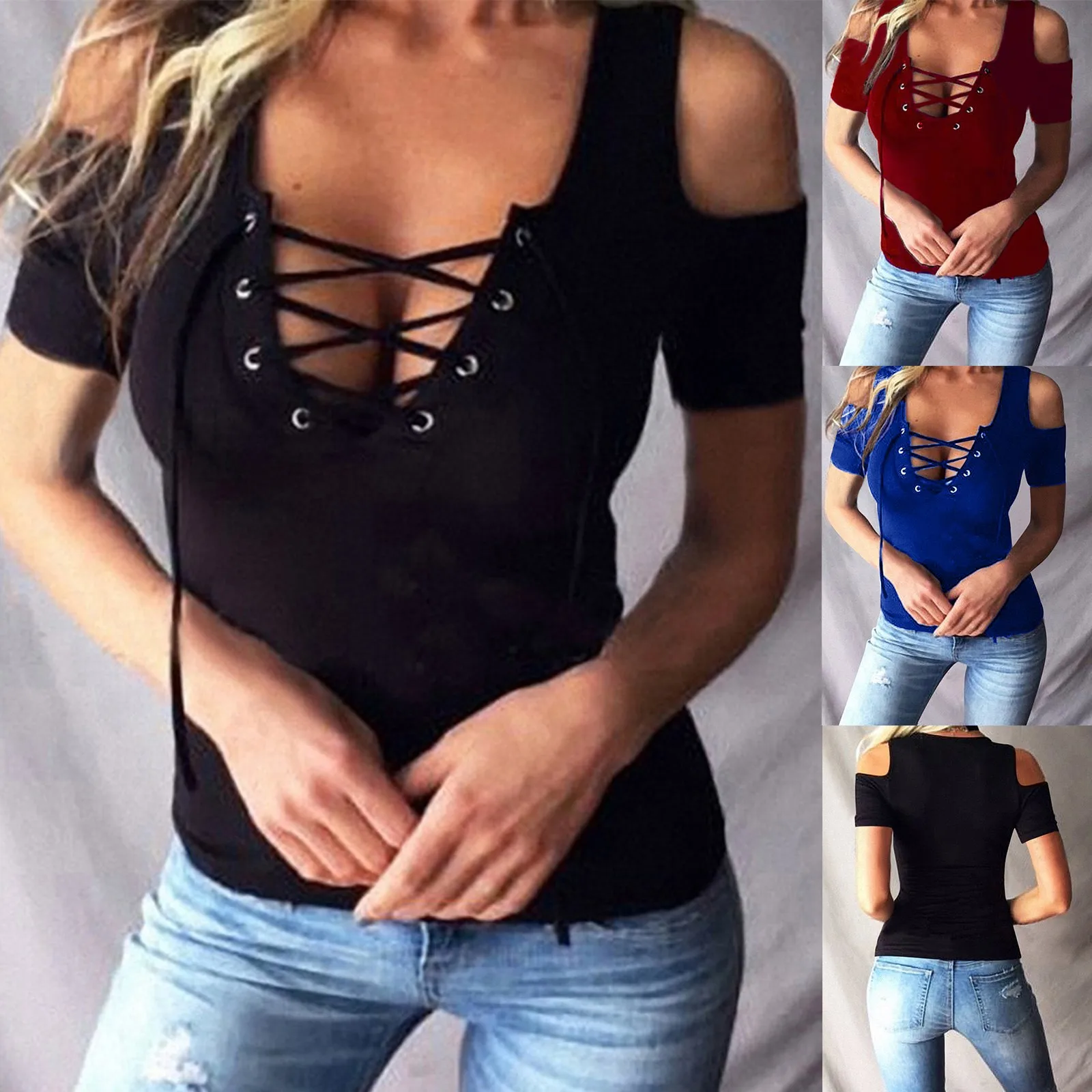 

Women's Sexy Off Shoulder Tee Shirt Corns Rope Bandage Cross Women T-shirts Solid Color Summer Short Sleeve Top Ladies Clothing