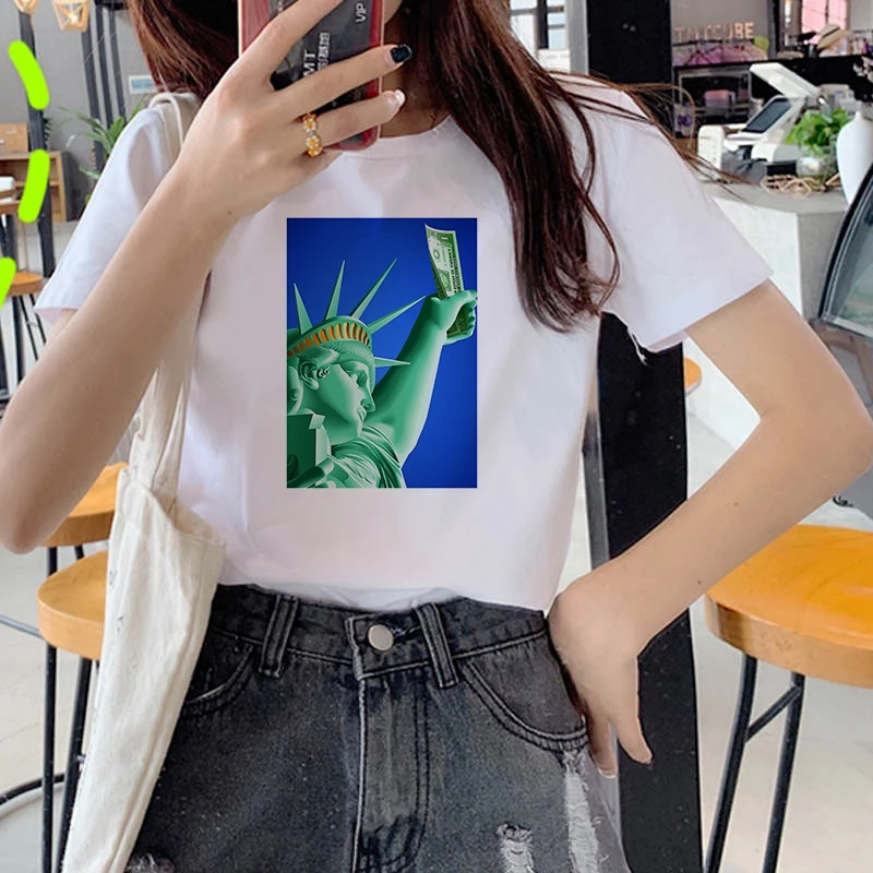 

Summer Statue of Liberty T-shirt Women Funny Vintage Vogue TShirt Women White O-Neck T-Shirt Summer Fashion Tshirt