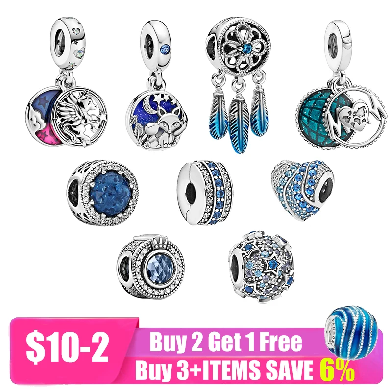 

New Original Silver Shiny Sky Ocean Blue Fox Owl Bead Fit Pandora Charms Silver 925 Beads Bracelet For Women Diy Fashion Jewelry