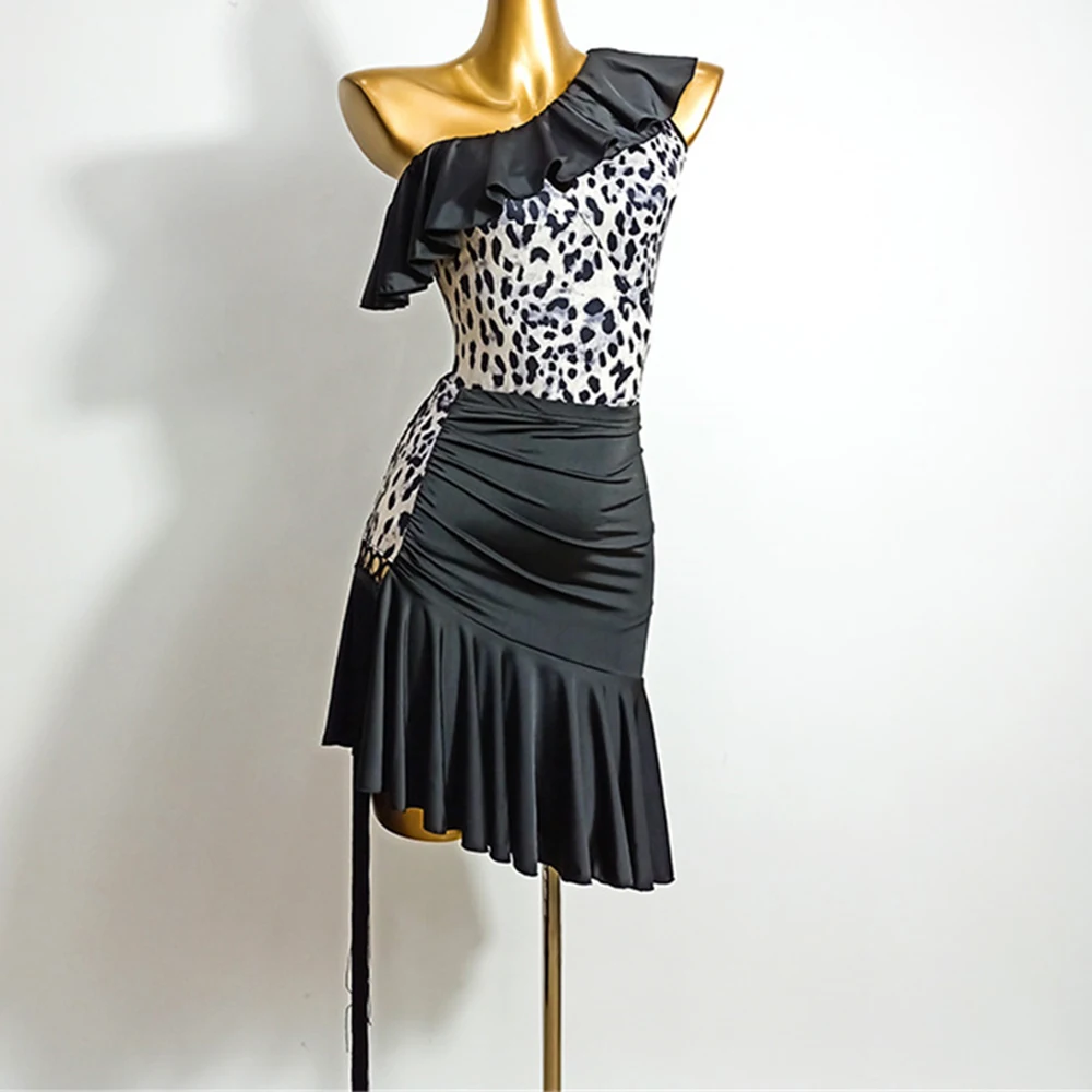 

Женская фатиновая юбка с леопардовым принтом, черная юбка для латиноамериканских танцев с бахромой и разрезом, юбка для тренировок по нацио...