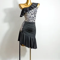 sexy leopard print tulle skirt slit black tassel latin dance skirt women national standard dance practice skirt