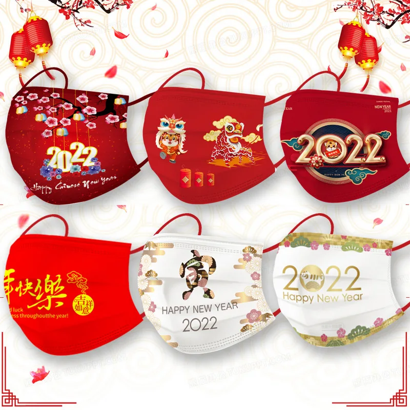 

10pc Disposable Adults Mask Happy New Year 2022 Print 3 Layer Facemask Christmas Gifts Mascarillas Mascherine Halloween Cosplay
