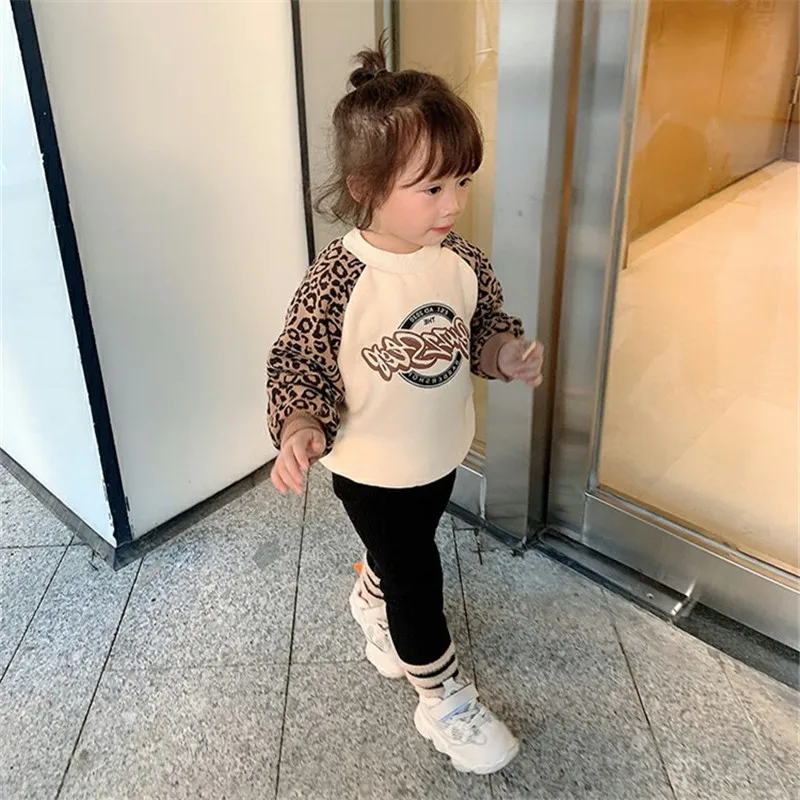 

Girls' Hoodies Sweatshirts Kids Underwear 2021 Leopard Plus Velvet Thicken Warm Winter Autumn Cotton Tops Fleece Children's Clot