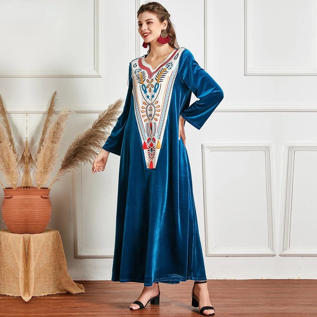 

Muslim Dress Women Vintage Patchwork Big Swing Velvet Turkey Long Robe Ramadan Islamic Clothing Caftan Marocain Hijab Abaya 4XL