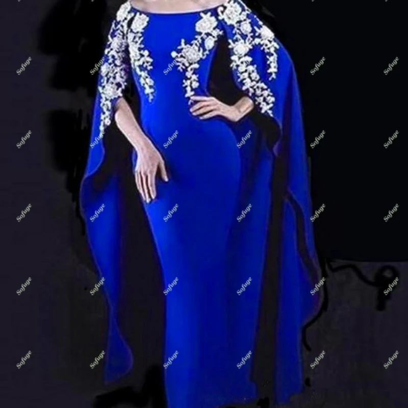 

Royal Blue Cape Evening Dresses Scoop White Appliques Indian Saudi Arabric Robe De Soiree Celebrity Vestidos Fiesta Custom Made