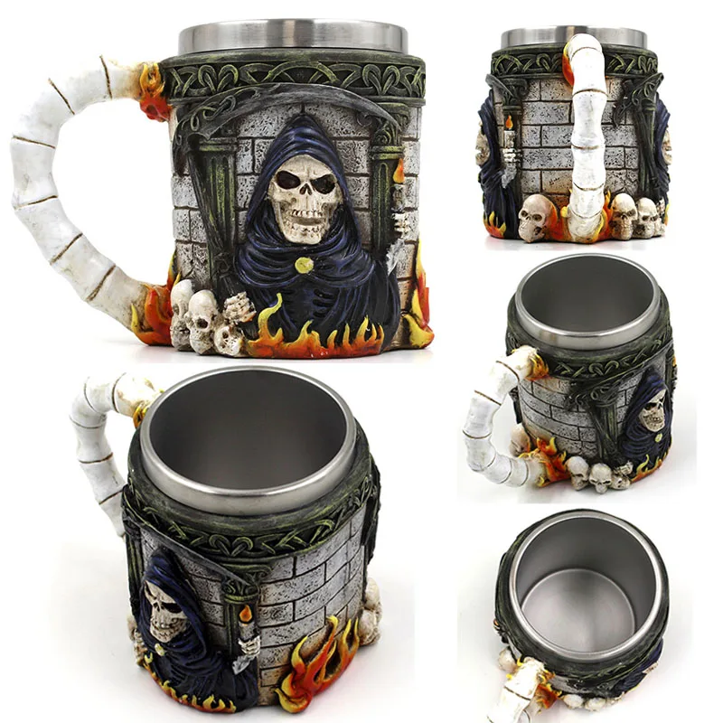 3D кружка в виде черепа из нержавеющей стали смола скелет мрачный рыцарь
