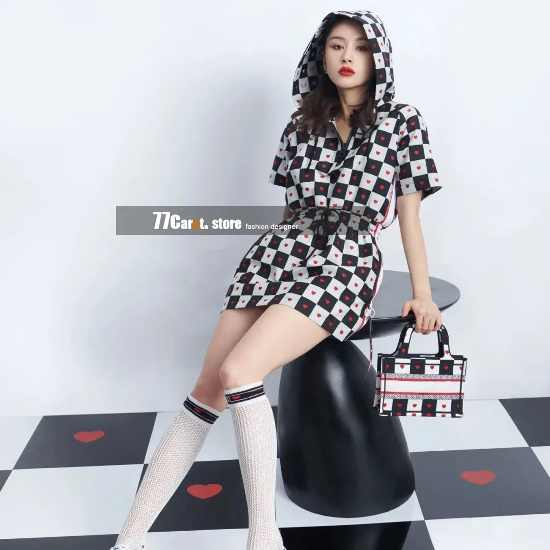 

new style luxury short sleeve hooded designer dresses for women high quality letter checkerboard printing sexy dress clothing
