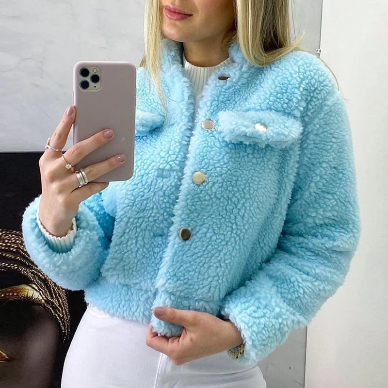 

Женская куртка на пуговицах, однотонная короткая куртка с карманами, повседневная верхняя одежда, осень-зима 2021