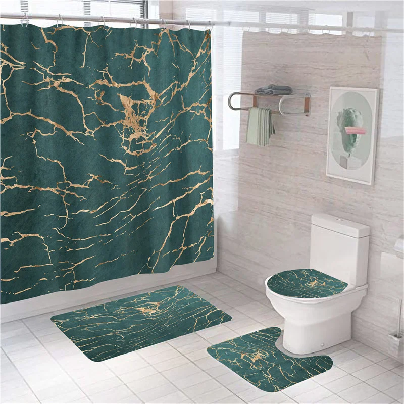 

Green Gold Marble Shower Curtain 3d Print Modern Bathroom Decor Bath Mat Set Anti-slip Rugs Polyester Bathtub Screen Home Decor