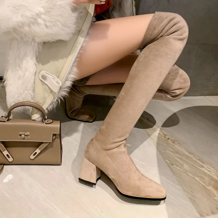 

Ochanmeb Elastic Faux Suede Leather Overknees Stretch Boots Women Winter botas de mujer Black Nude Over the Knee High Boots Shoe