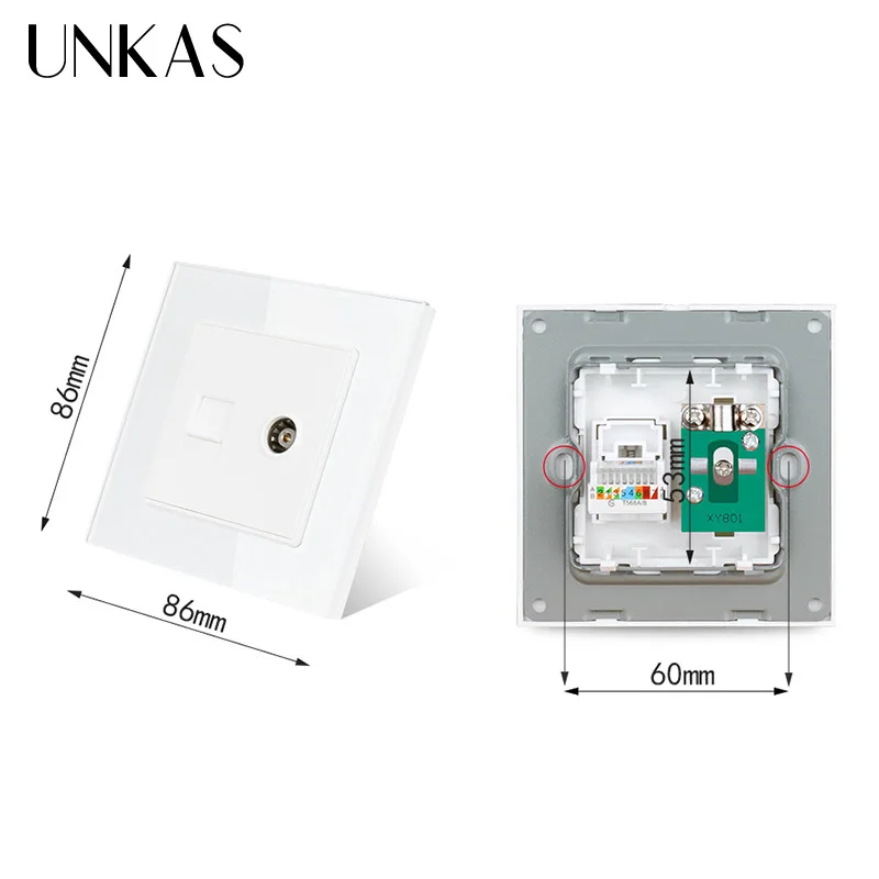 UNKAS White Luxury Crystal Glass Panel RJ45 Internet Data Computer Jack CAT5E Connector With Female TV Outlet Wall Socket | Обустройство